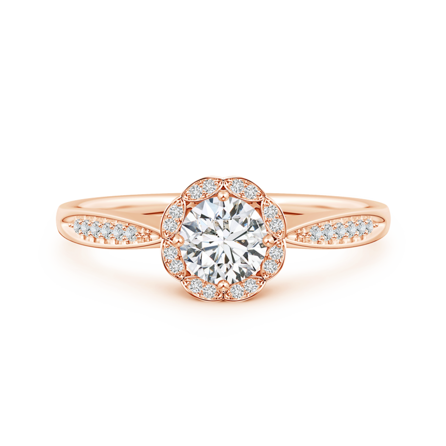 Round Lab Grown Diamond Scalloped Halo Ring with Leaf-Accents - Main Image