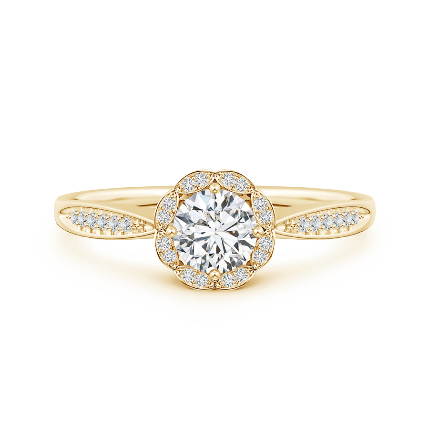 Round Lab Grown Diamond Scalloped Halo Ring with Leaf-Accents - Main Image