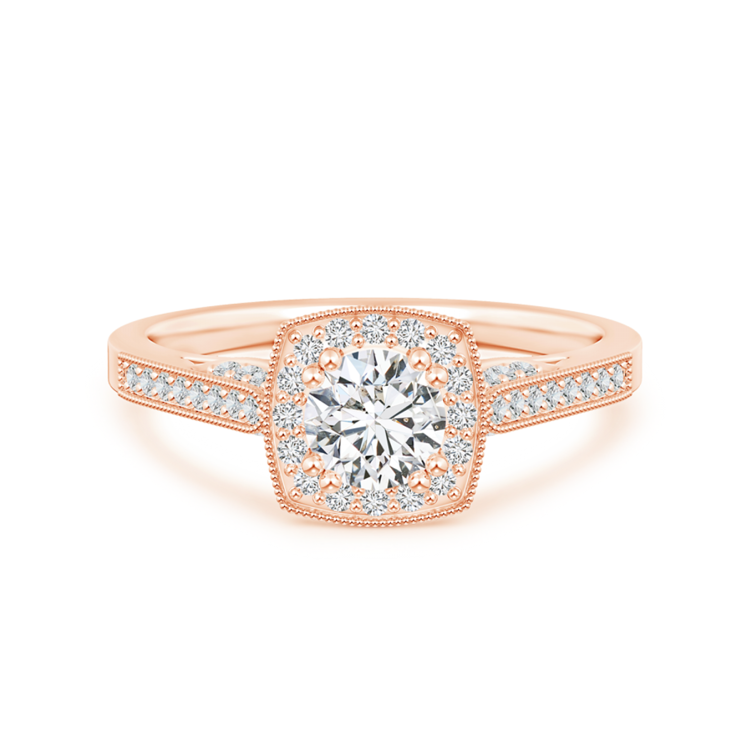 Round Lab Grown Diamond Halo Ring with Cushion Frame and Milgrain Detailing - Main Image