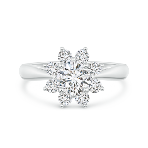 Round Lab Grown Diamond Floral Halo Ring with Tapered Shank