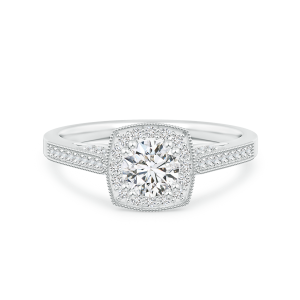 Round Lab Grown Diamond Halo Ring with Cushion Frame and Milgrain Detailing