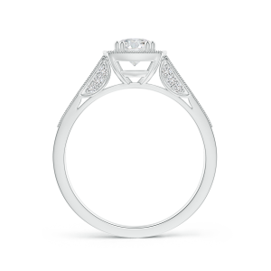 Round Lab Grown Diamond Halo Ring with Cushion Frame and Milgrain Detailing