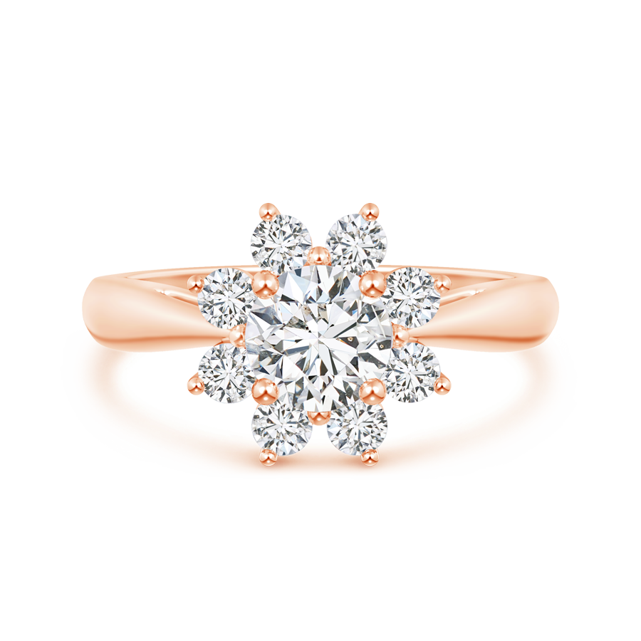 Round Lab Grown Diamond Floral Halo Ring with Tapered Shank