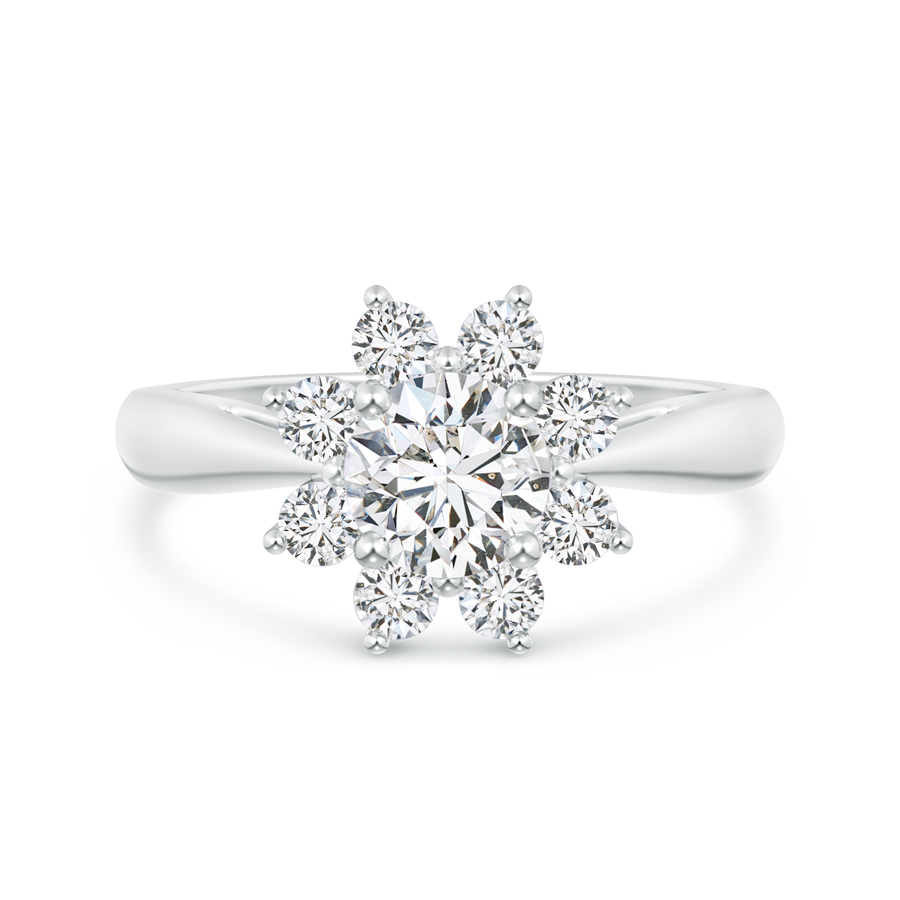 Round Lab Grown Diamond Floral Halo Ring with Tapered Shank
