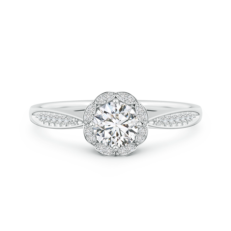 Round Lab Grown Diamond Scalloped Halo Ring with Leaf-Accents