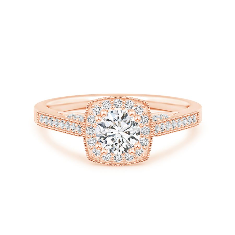 Round Lab Grown Diamond Halo Ring with Cushion Frame and Milgrain Detailing