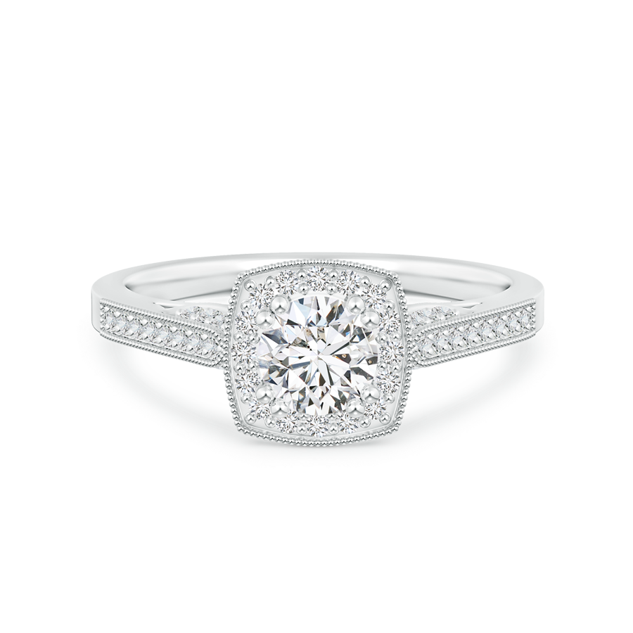 Round Lab Grown Diamond Halo Ring with Cushion Frame and Milgrain Detailing