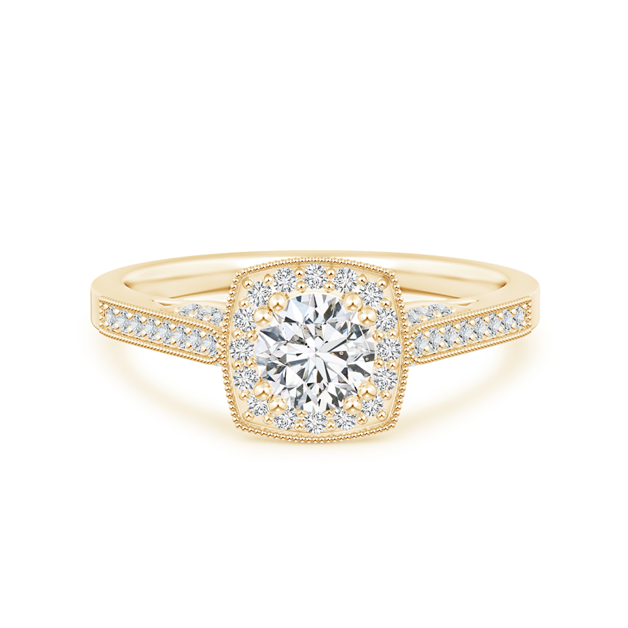 Round Lab Grown Diamond Halo Ring with Cushion Frame and Milgrain Detailing